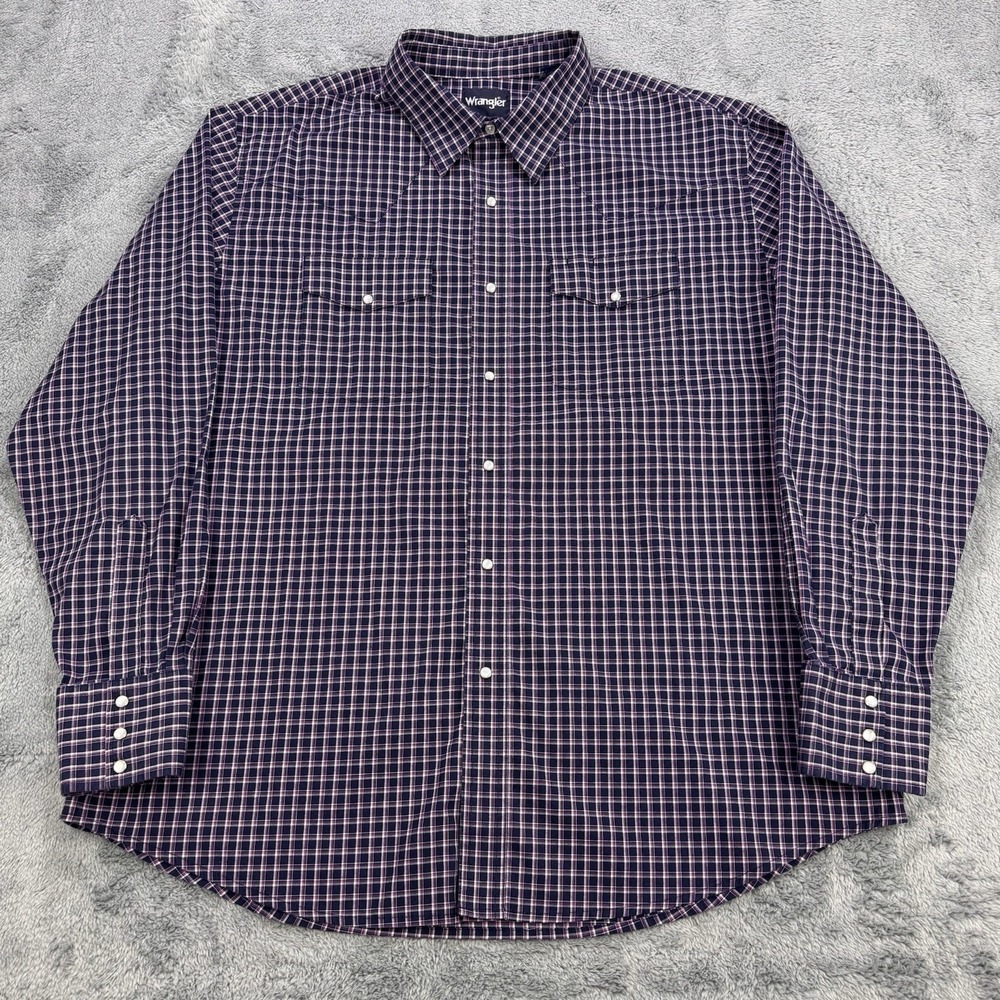 Wrangler Pearl Snap Shirt Men 2XL Navy Purple Gingham Plaid Snap‎ Front LS